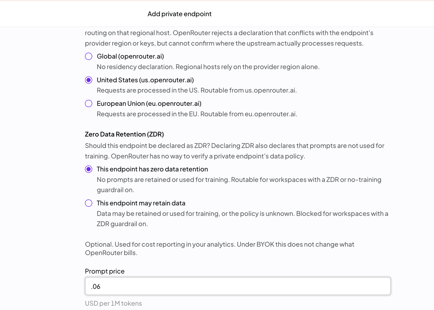 The Blueprint step's data region and Zero Data Retention choices, with United States (us.openrouter.ai) and zero data retention selected, above the optional prompt price field.